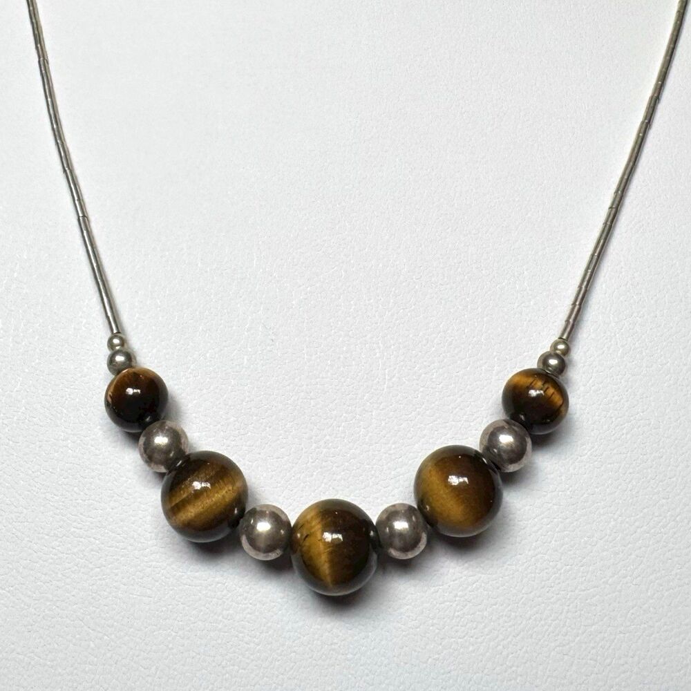 Vintage Sterling Liquid Silver Tigers Eye Beaded Necklace 20" signed Shube 925